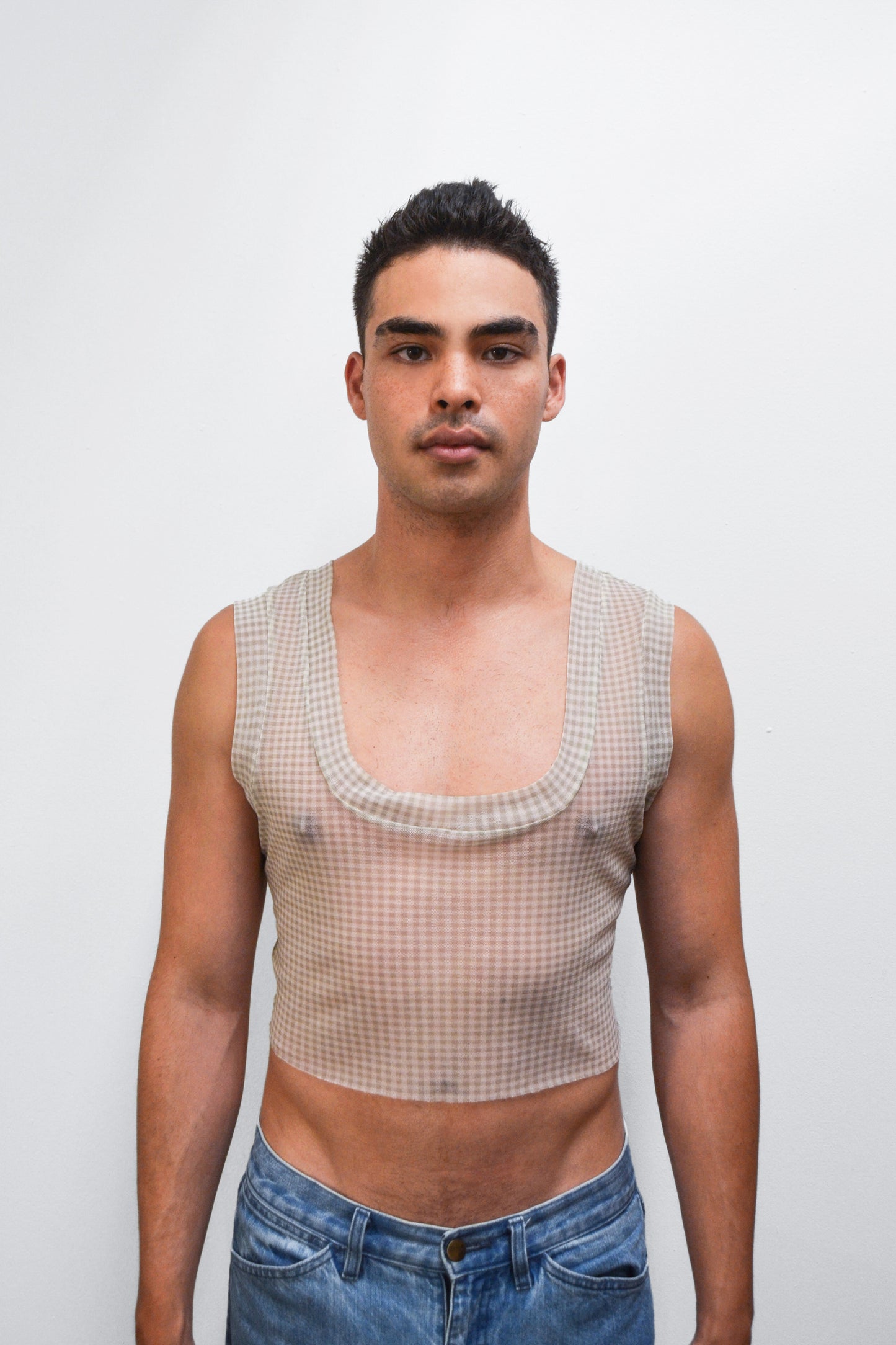 Mesh Check Crop Top